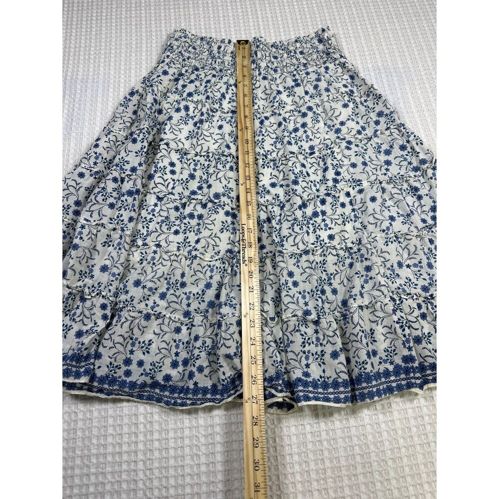 Floral Tiered Mini Skirt Blue White Cottagecore Boho Smocked Waist Cute size L - Picture 2 of 6